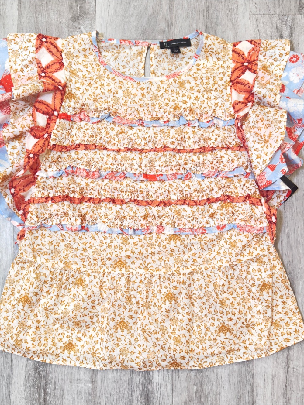 INC Women’s S 100% Cotton Floral Tiered Ruffle Top in Mustard and Coral New